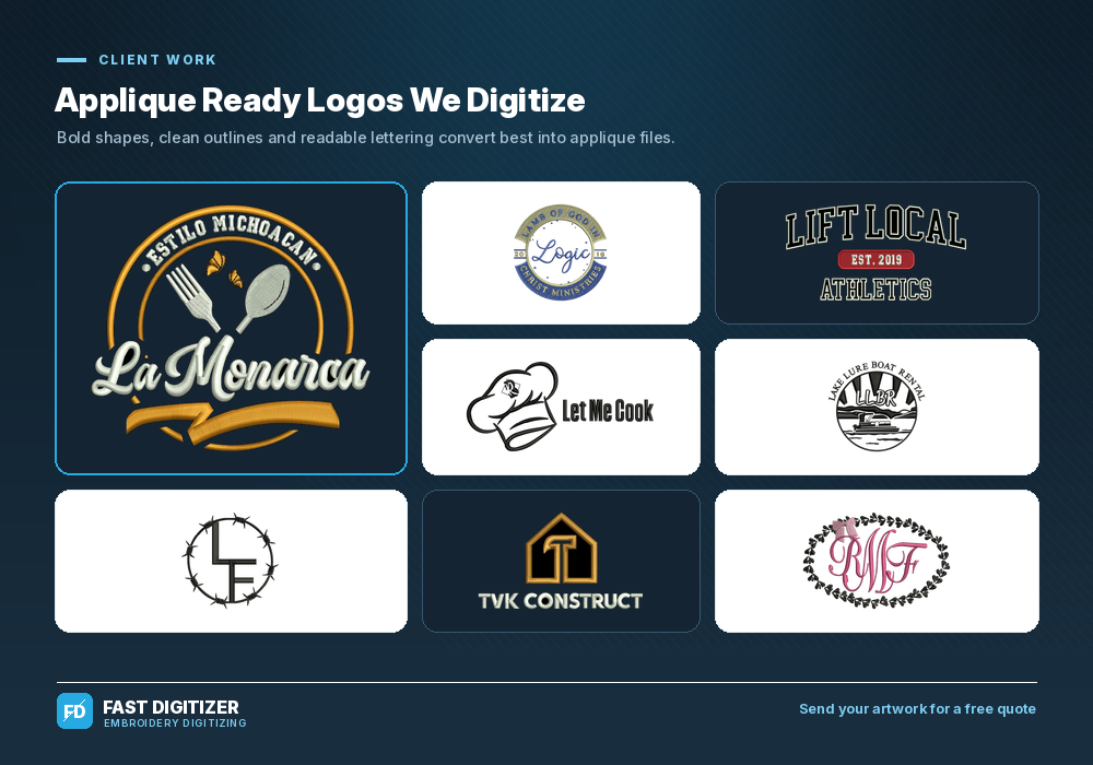 Client logos digitized as applique files by Fast Digitizer