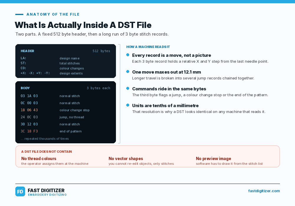 Inside a DST file: the 512 byte header and the 3 byte stitch records