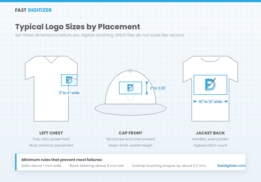 Placement and size guide for a left chest, cap front and jacket back embroidery logo