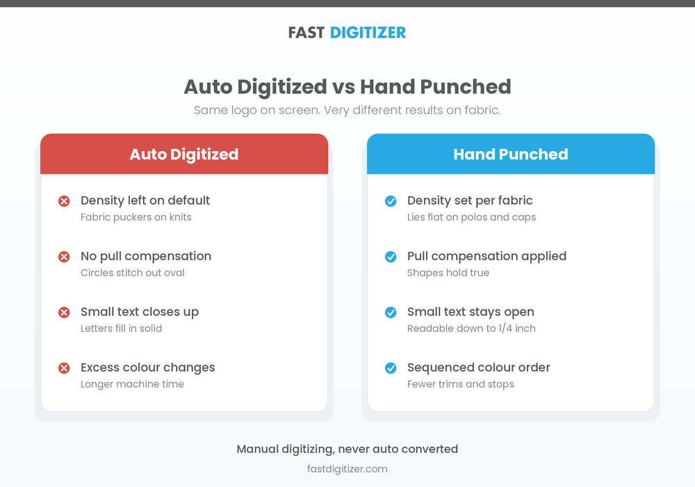 Auto digitized file compared with a hand punched file showing density and pull compensation differences