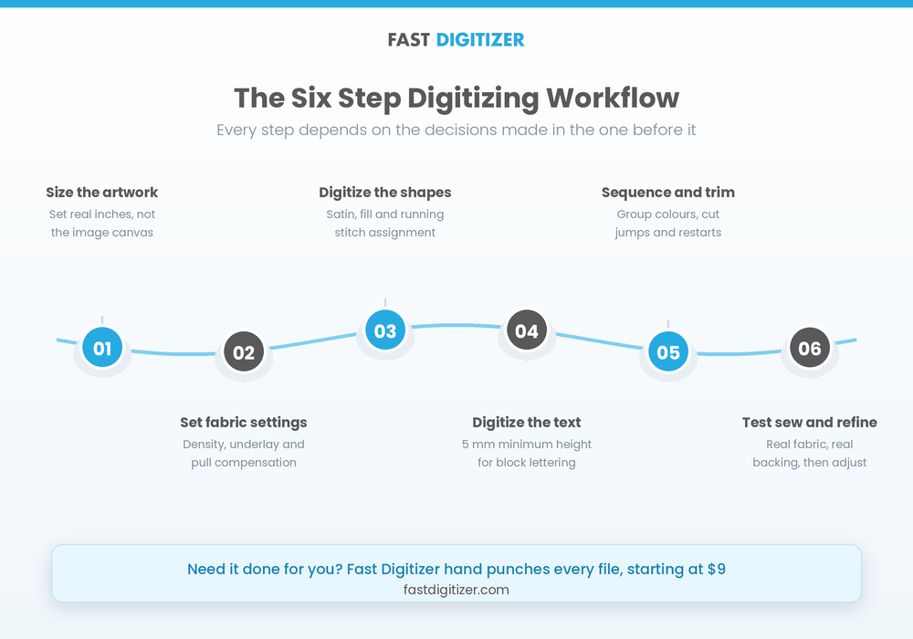 Workflow showing how to digitize a logo for embroidery from artwork to a tested stitch file